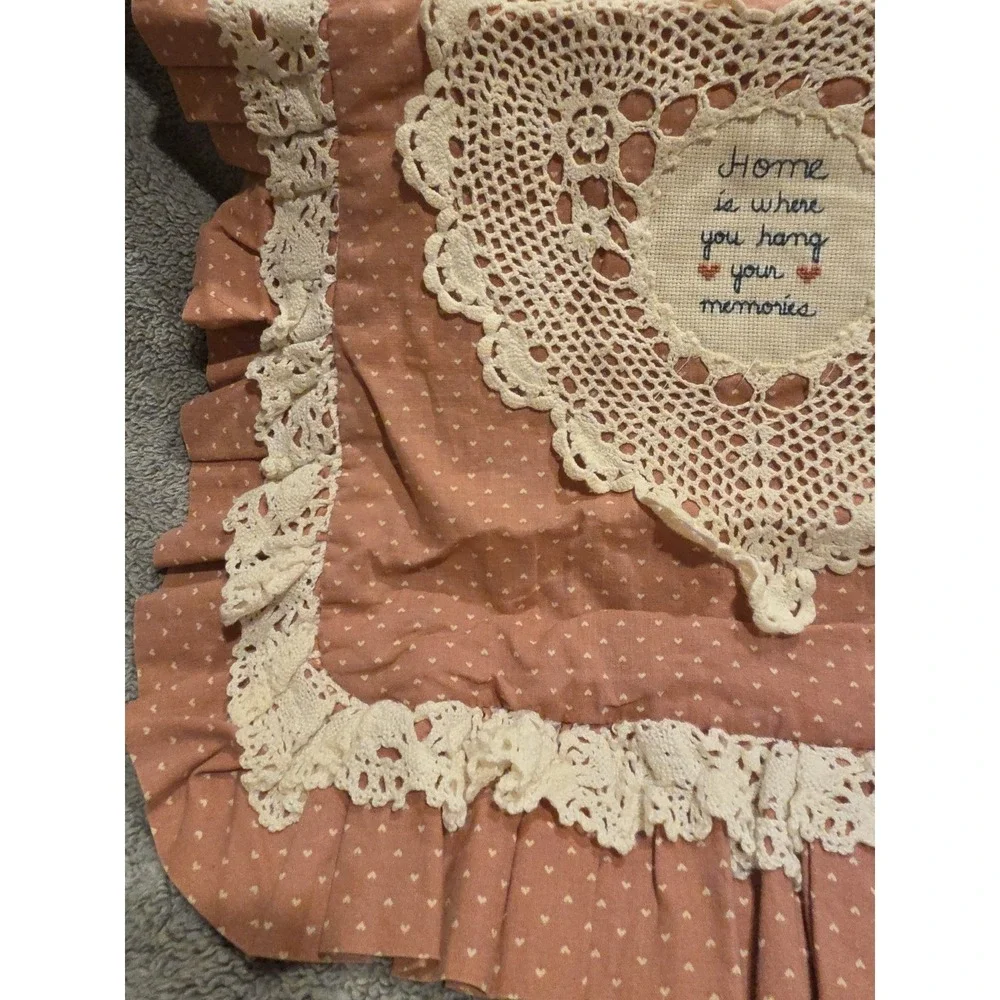 Square Pink Hearts Ruffled Pillow Case 16x16 Lace ‎ And Cross Stich Cottagecore